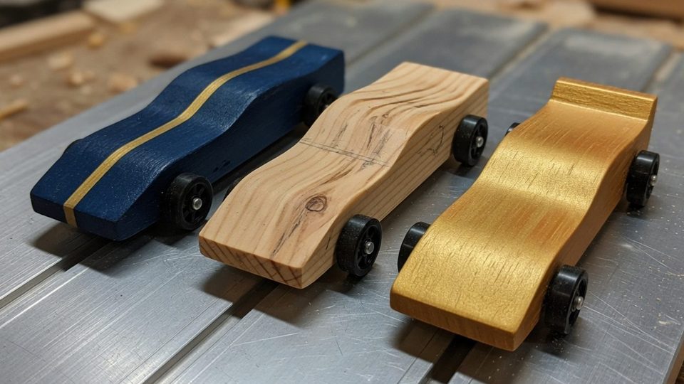 Three handmade wooden pinewood derby cars on a metal track